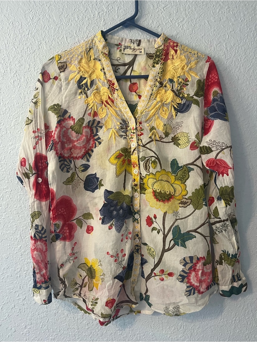 Embroidered Floral Button-Down Shirt - White Multi
